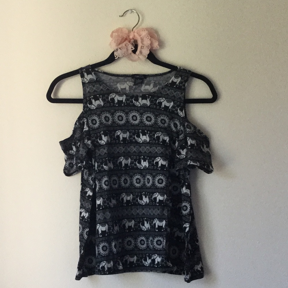 Black & White Elephant Print Cold Shoulder Top